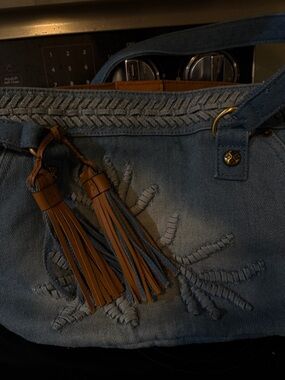 Women’s Blue Denim Jeans with Braided Waist & Brown Tassel Detail